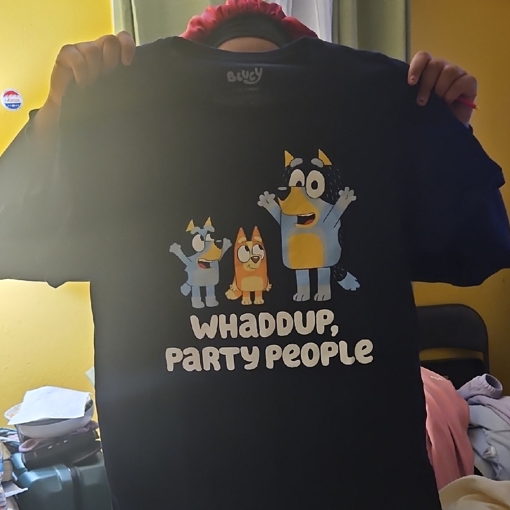 'Whaddup, Party People' Blue Crewneck Dog Graphic Tee